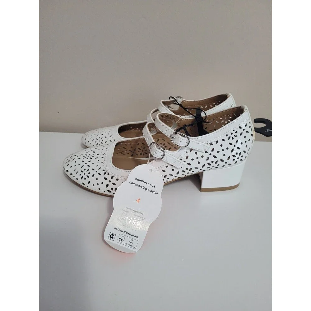 Wonder Nation Double Strap Dress Shoes Block Heels White Cutout Girls 4 NWT
